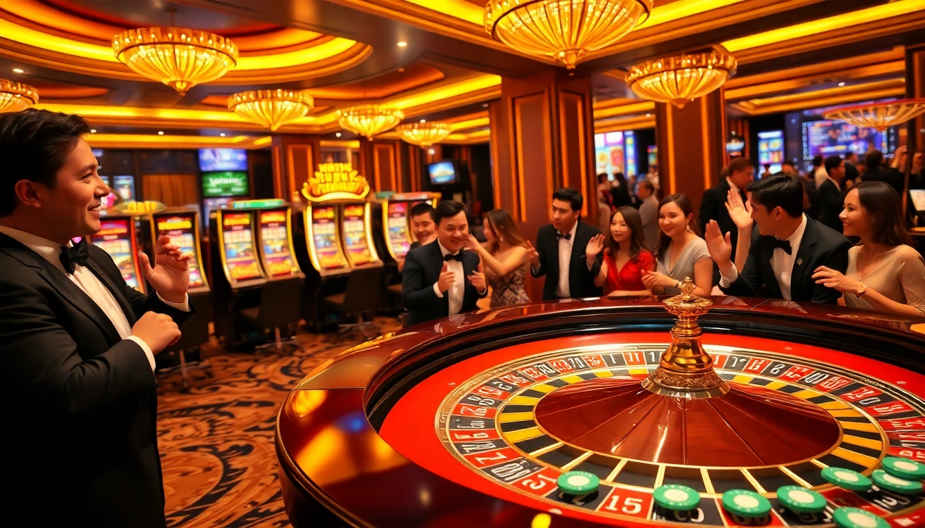 Exciting gaming scene illustrating Nhà cái uy tin with players at a roulette table and lively casino atmosphere.