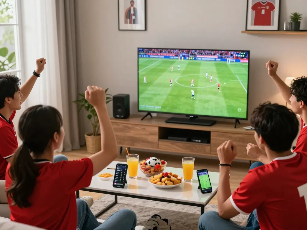 Friends enjoying a game night with cakhiatv.uk.com streaming live football on TV.