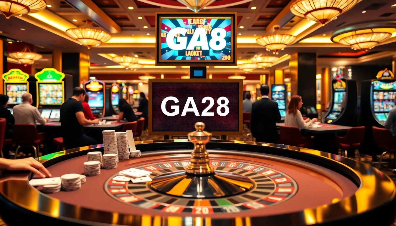Engaging scene at GA28 casino with vibrant tables, chips, and excited players betting.