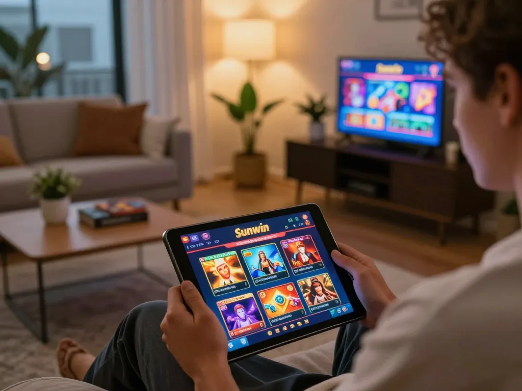 Engaging gameplay on Sunwin app displayed on tablet in cozy home environment