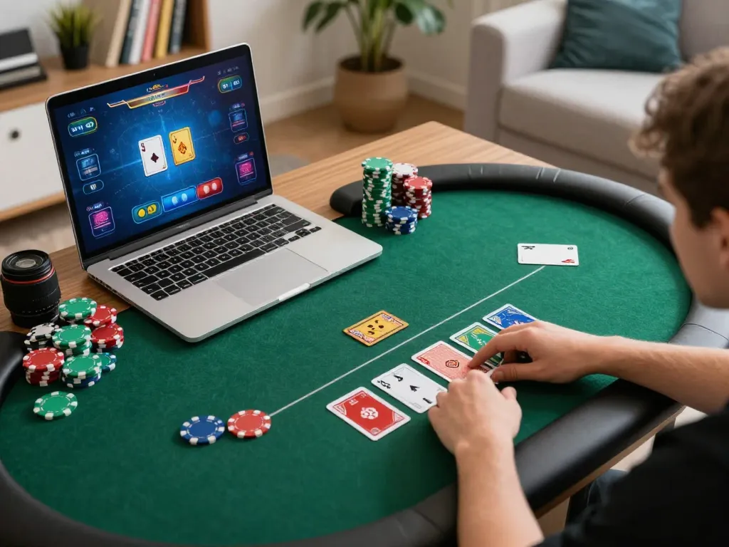Engaging home poker session on https://13win-asia.com/ with vibrant game visuals and chips on a laptop screen.