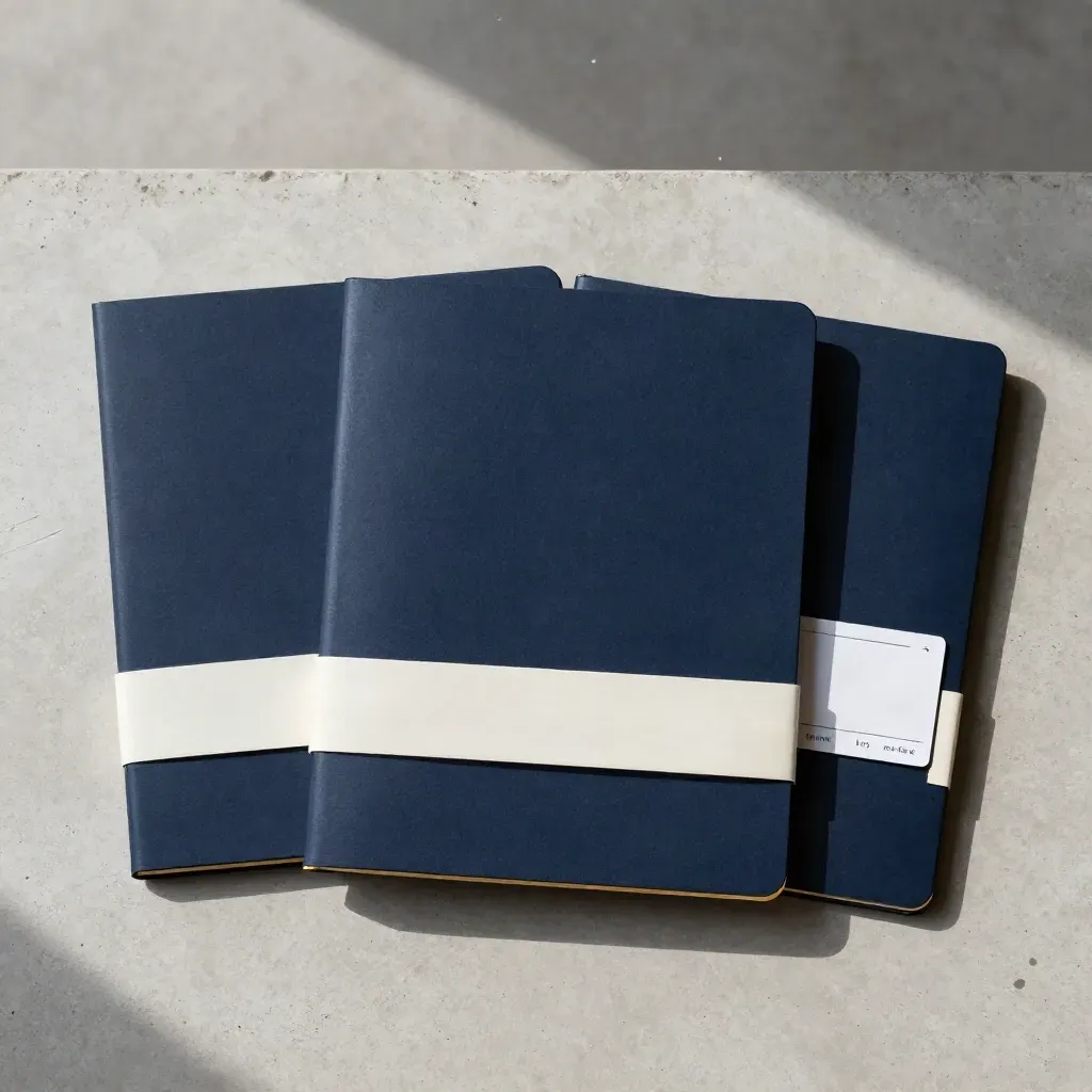 Shora snímaná flatlay sada: navy folio, dvě brožury, složená karta a světlý papírový pás na šedém kameni.