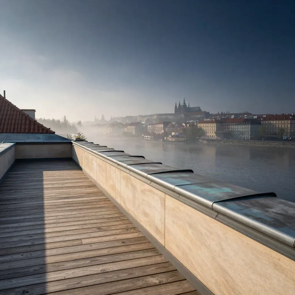 Pražská střešní terasa v ranní mlze s kamenným parapetem a otevřeným prostorem dole.
