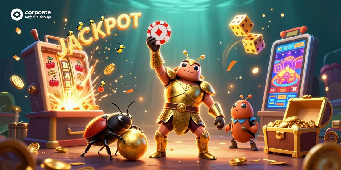 Engage with corporate website design through a vibrant gambling scene illustrating a beetle's victory pose.