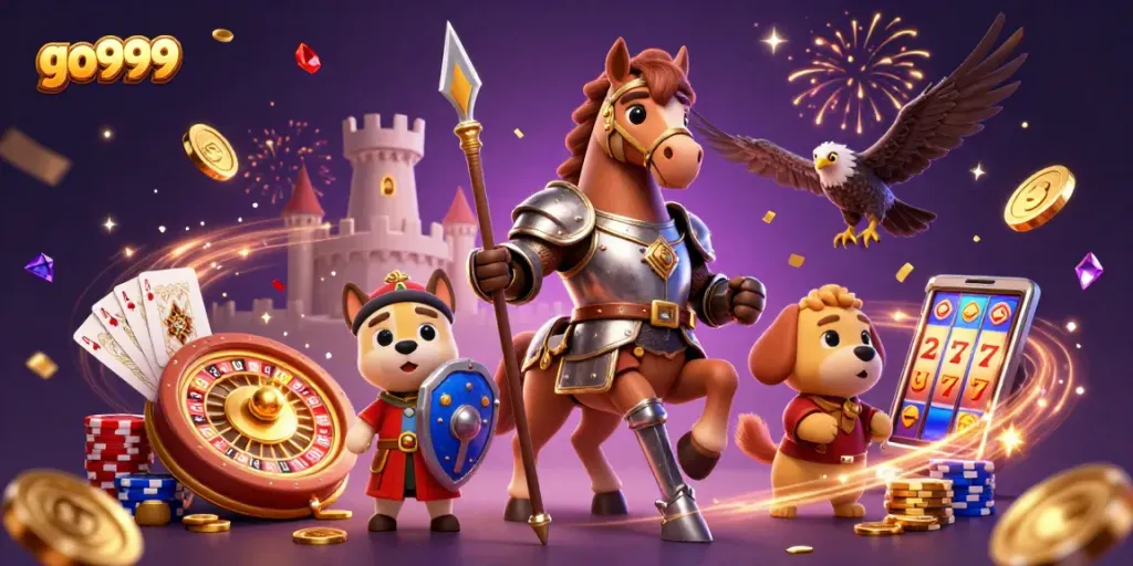Engage in thrilling gaming at go999 with a knight, puppy, and falcon amidst lavish casino elements.
