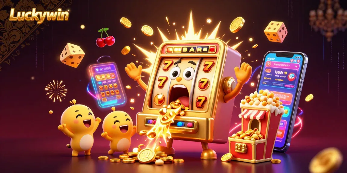 Luckywin slot machine hits jackpot while coins pour out in dynamic casino illustration