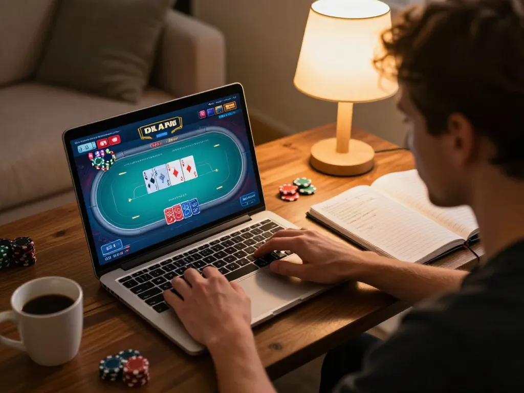 Player enjoying poker on qq88 platform in comfy home setting with strategy notes