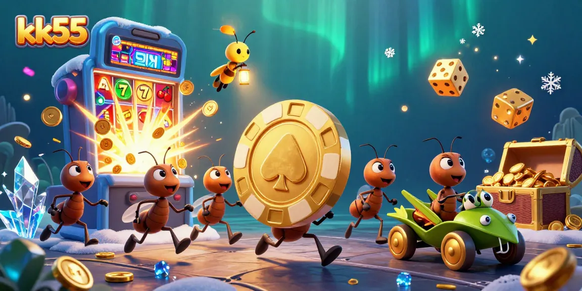 Win big with kk55 as a team of cartoon ants carries a giant poker chip through a vibrant casino scene
