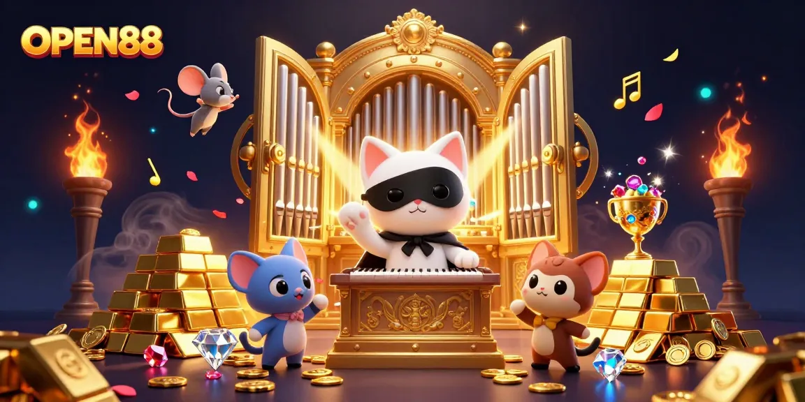 Engage in gaming excitement with OPEN88 as the charming cat and acrobat celebrate at a lavish casino.