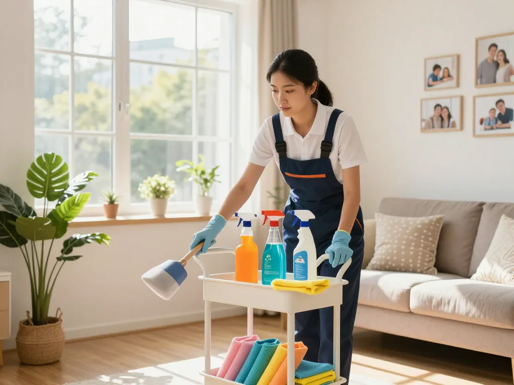 Professional cleaner in a bright living room using eco-friendly cleaning products, showcasing effective home cleaning services for stránky společnosti.