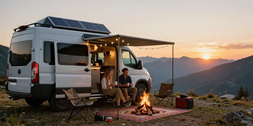 Couple relaxing by their campervan in a scenic sunset view while discussing rokok88 login.