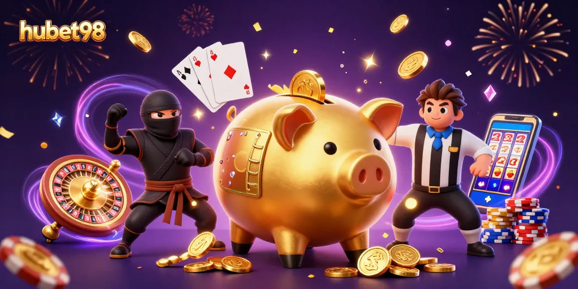 Join the excitement at hubet98, where a cartoon golden piggy bank shows its winning moves amidst cascading coins!