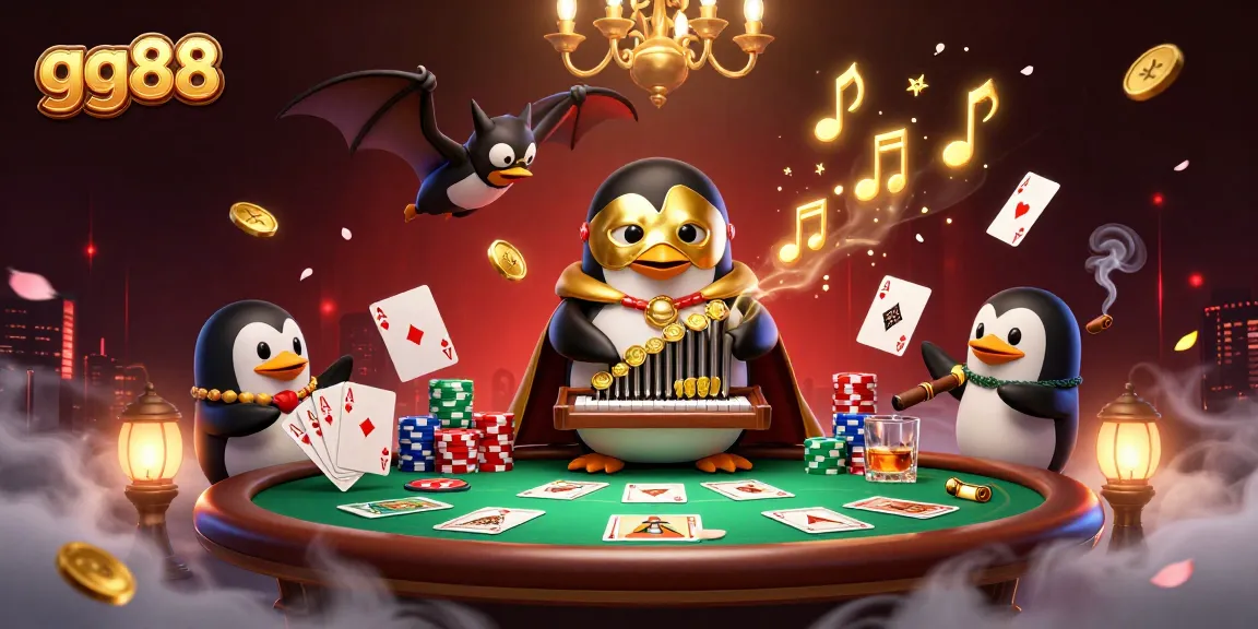 Experience the excitement of gg88 gaming with a dynamic casino scene featuring a penguin organist and poker elements.