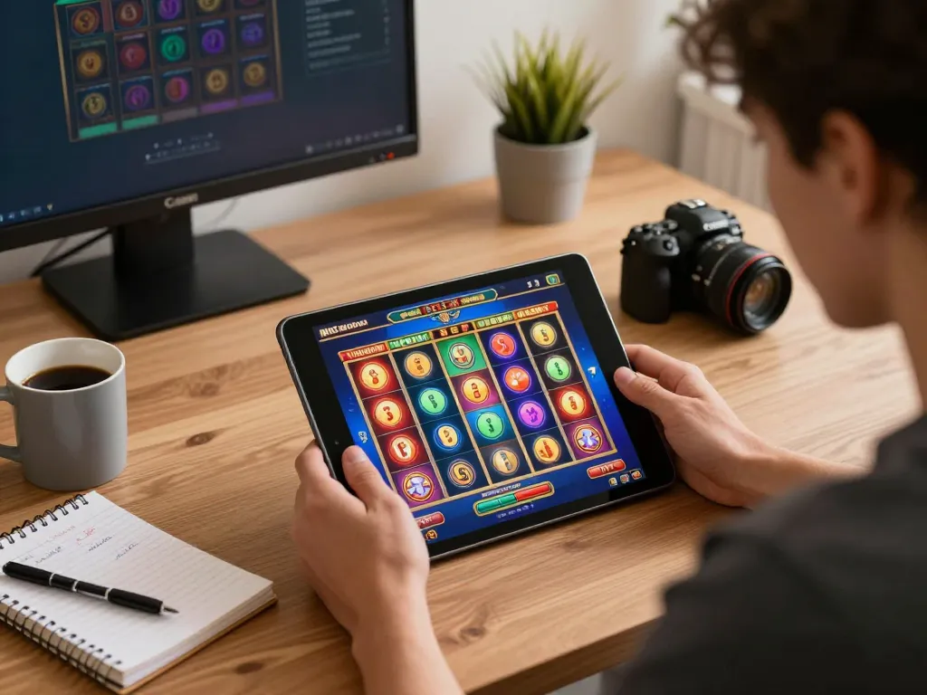 Engaged player using tablet for sin88 online slot gaming in a cozy home setting