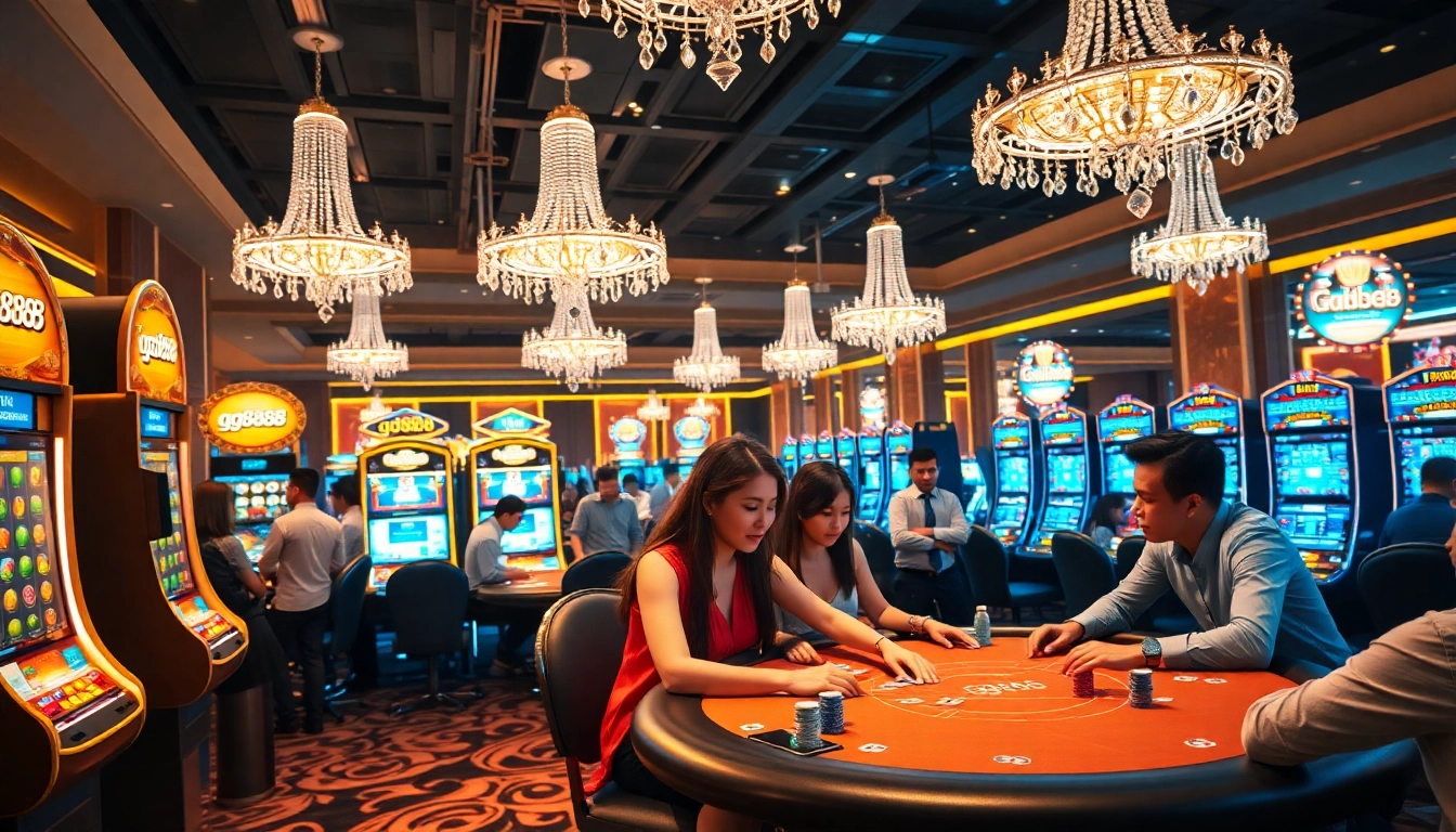 Players enjoying the thrill of casino games at gg8888, surrounded by vibrant slots and poker tables.