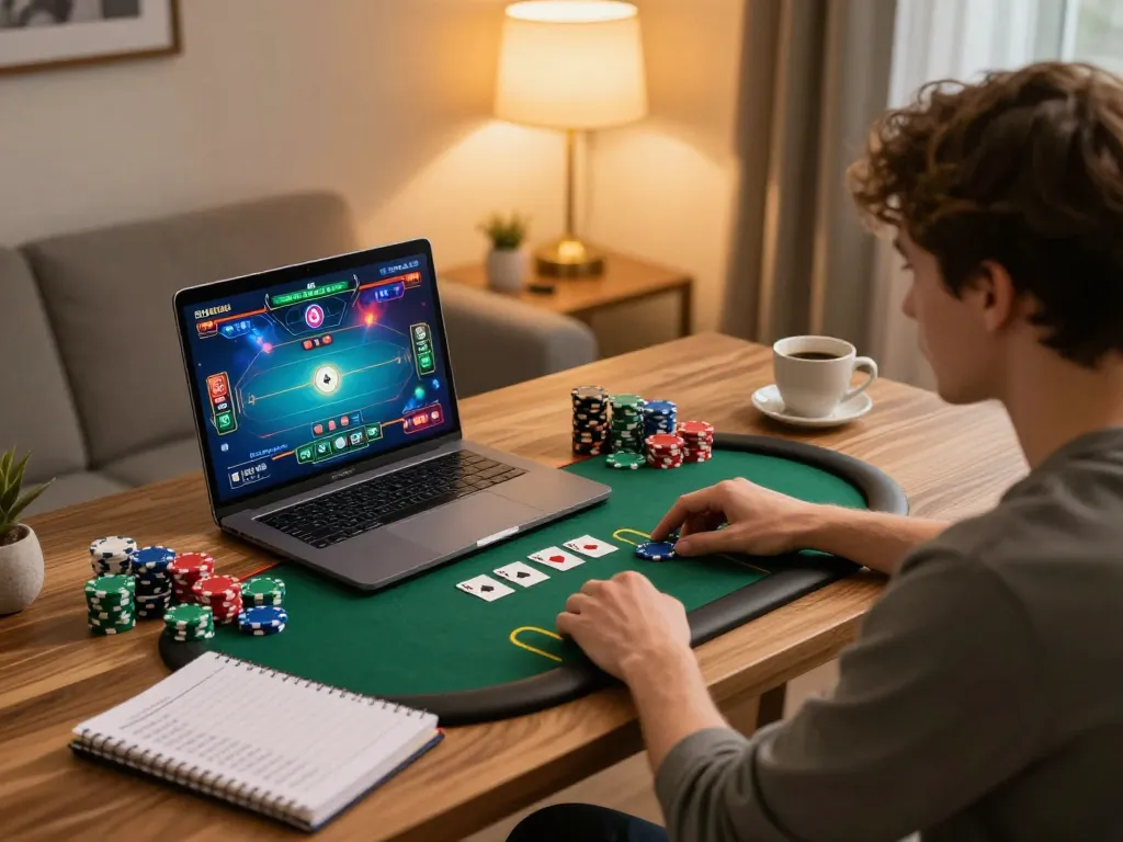 CM88 gaming session with individual focused on poker strategy and chips on table.