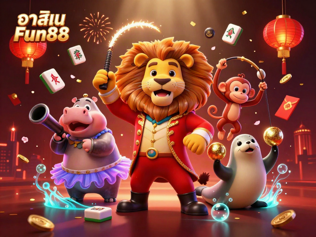Experience thrilling gameplay at คาสิโน Fun88 with a vibrant circus-themed 3D illustration.