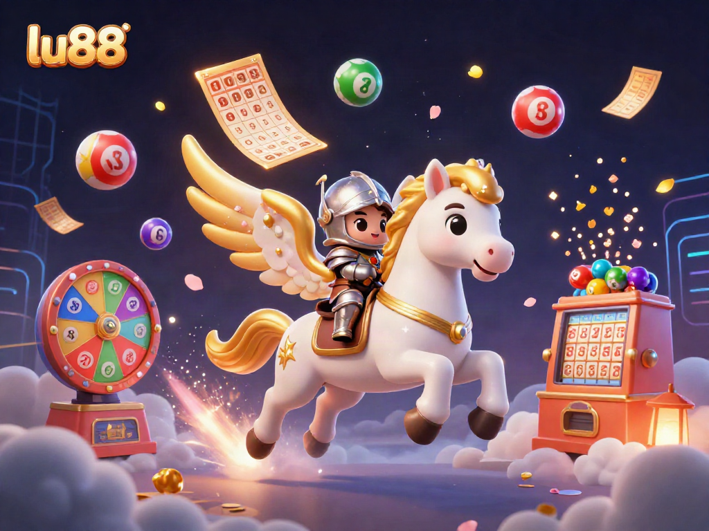 Play exciting games at lu88 with colorful lottery balls and a dynamic casino-themed backdrop.