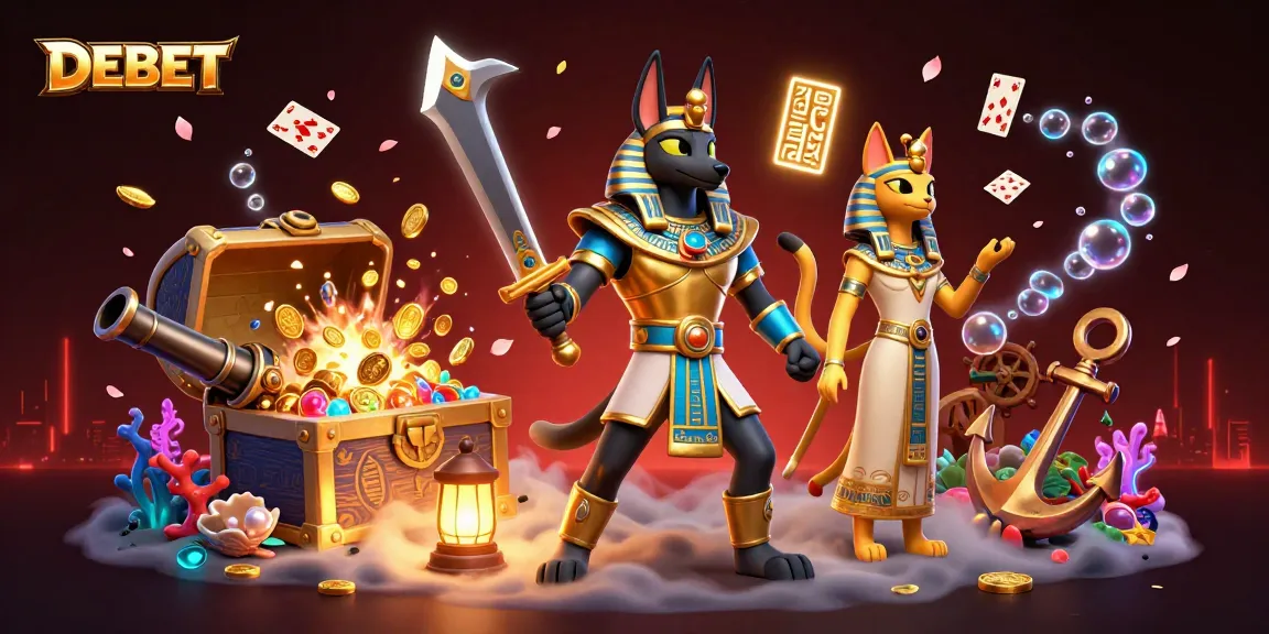 Experience thrilling casino gameplay with DEBET as Anubis and Bastet come alive in this vibrant scene.