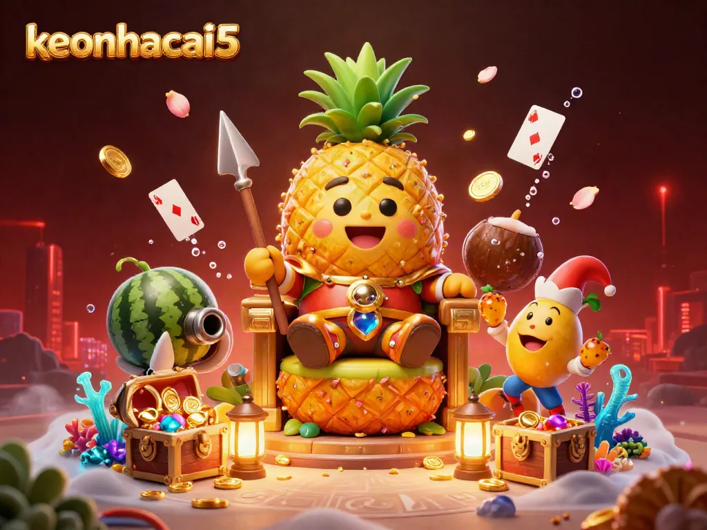 Engage in thrilling action at keonhacai5 with our golden pineapple king and vibrant casino elements.