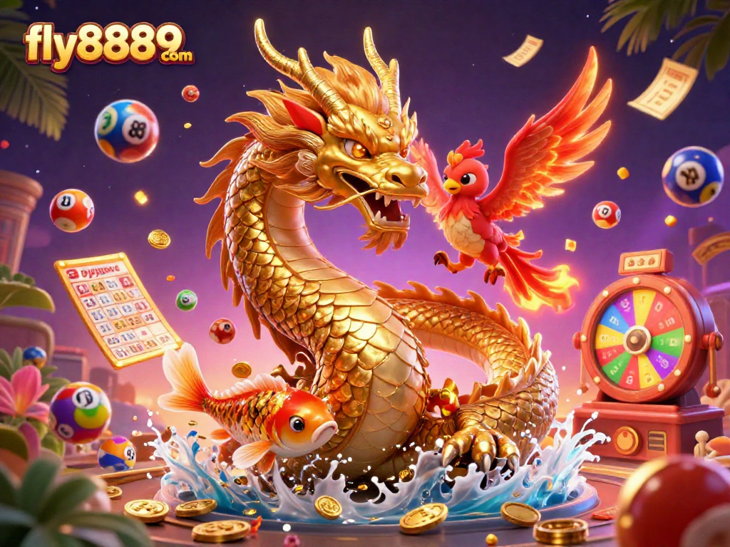 Engage with excitement at fly8889 com in this immersive casino scene featuring a dragon, phoenix, and koi fish.