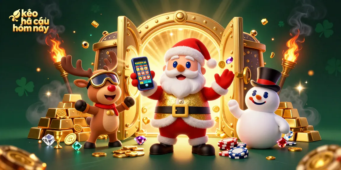 Experience kèo nhà cái hôm nay with Santa in a dazzling casino, showcasing jackpots and vibrant gaming elements.