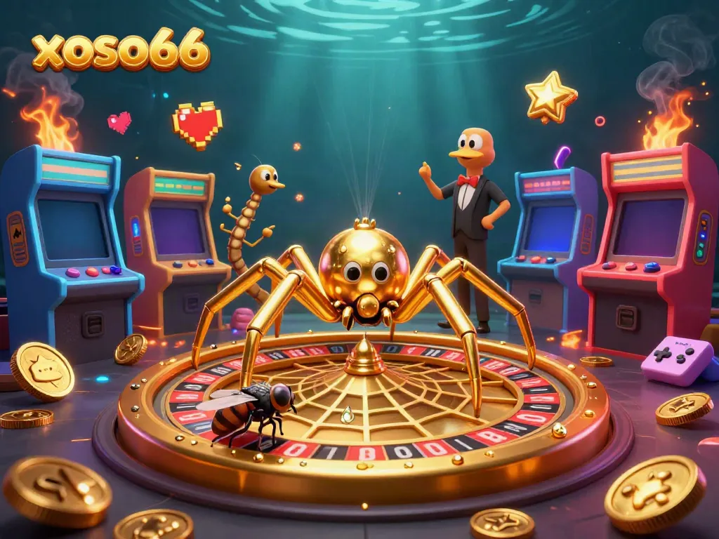 xoso66 presents a dynamic scene with a golden spider spinning a roulette wheel web and a nervous fly betting.