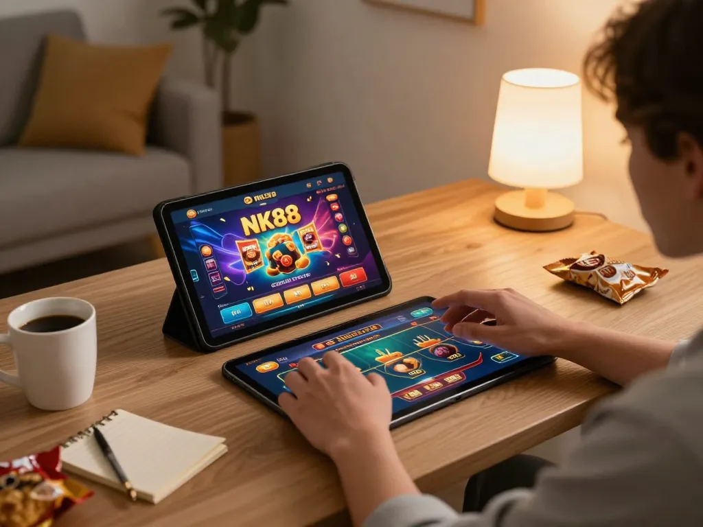 Player engaging with NK88 game on tablet in cozy home setting, showcasing online gaming experience.