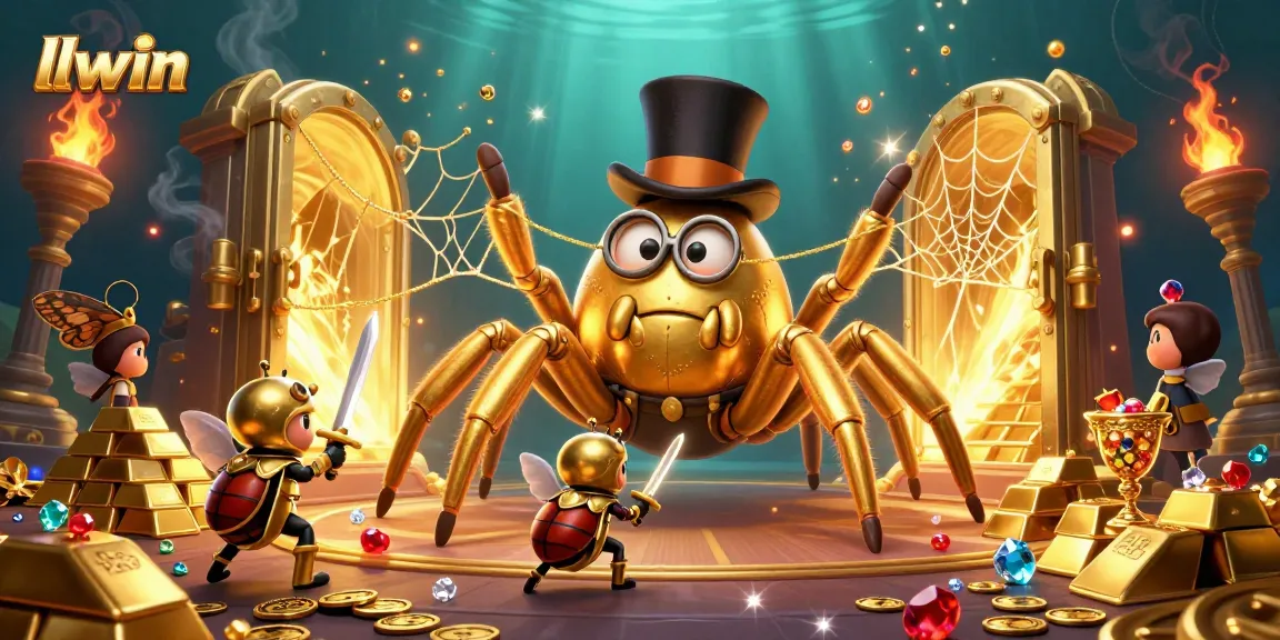 Experience the thrill at llwin as a brave beetle knight approaches a golden tarantula in a vibrant casino scene.