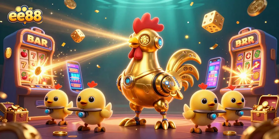Experience the excitement of ee88's jackpot with a golden rooster robot and baby chick drones in action.