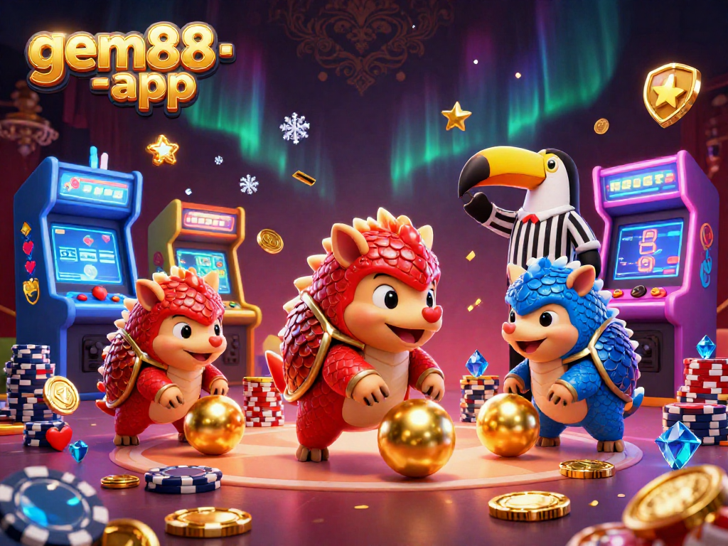 Experience gem88-app with vibrant pangolins bowling through chips in a colorful casino scene.