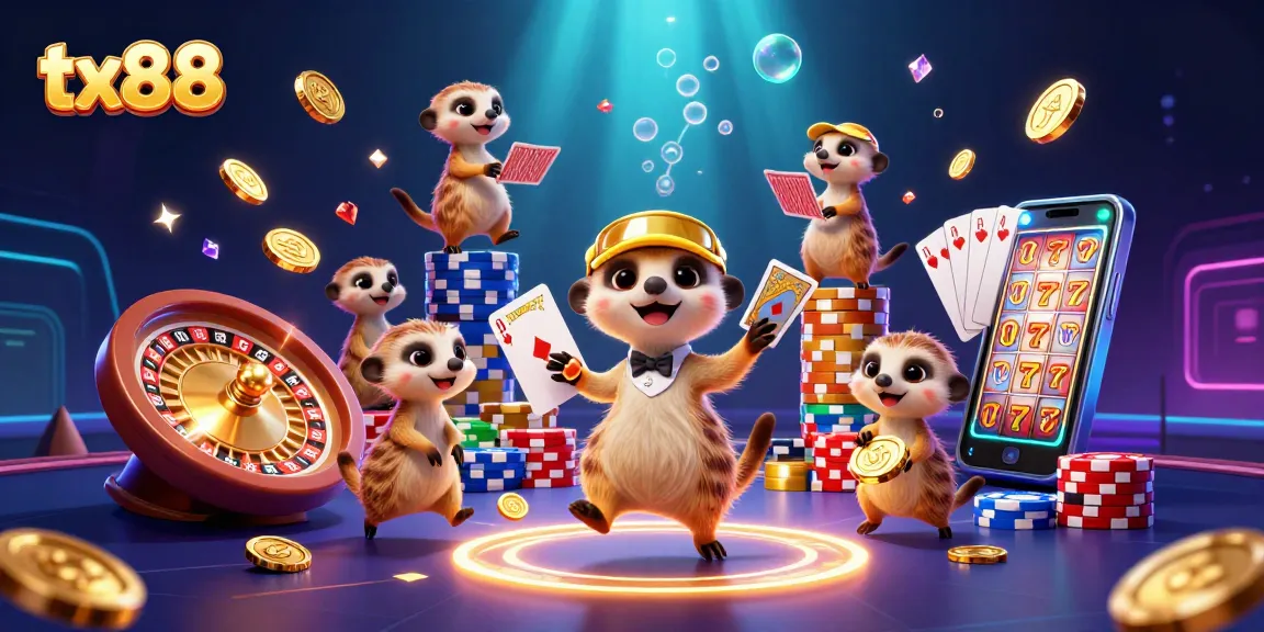 Experience the excitement of tx88 with a vibrant meerkat casino scene featuring card games and cascading coins.