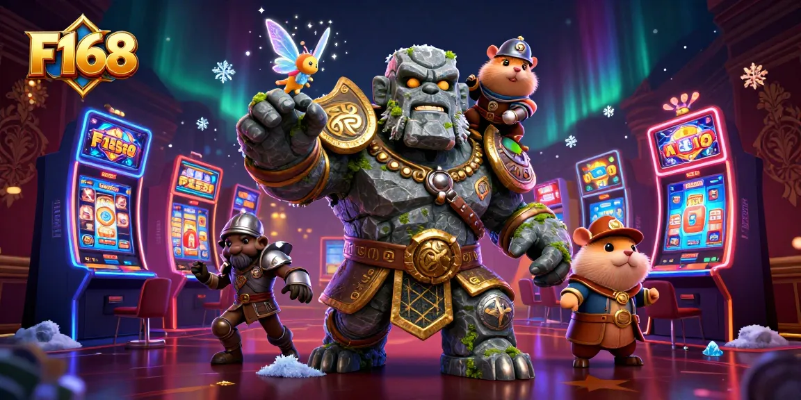 Engage with F168 in this vibrant casino scene featuring a magical golem and knight.