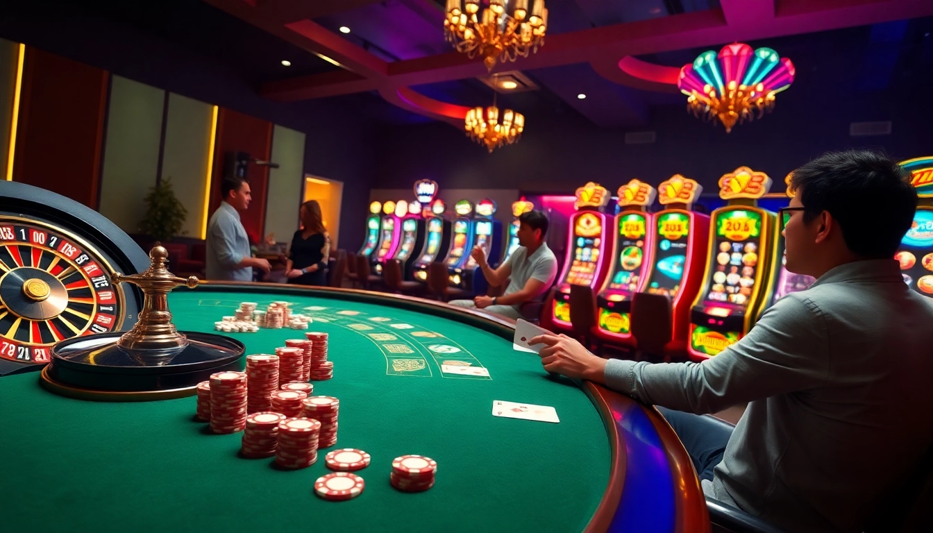 Players enjoying the immersive gaming experience at 789club casino with poker games and vibrant slot machines.