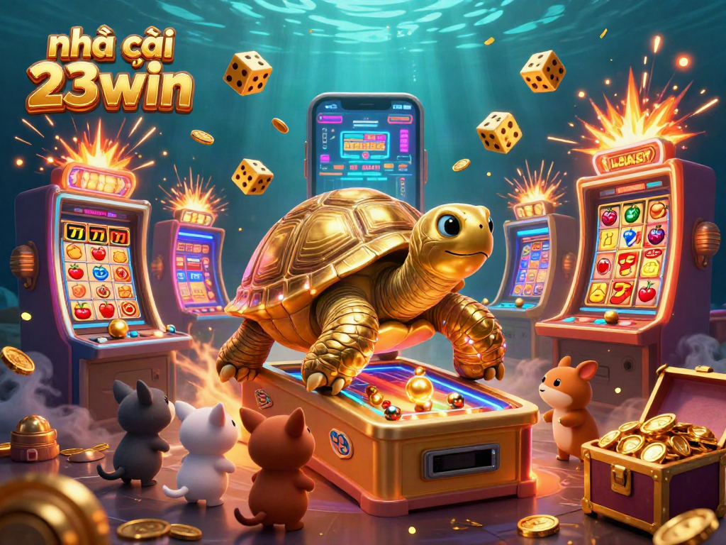 Engaging gaming scene with nhà cái 23win featuring a tortoise pinball machine and explosive slot jackpots.