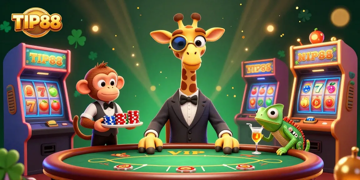Experience the vibrant energy of TIP88 in this dynamic 3D casino illustration featuring playful gambling elements.