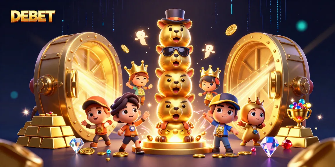 Engage with DEBET's exciting casino world featuring vibrant treasures and animated characters.