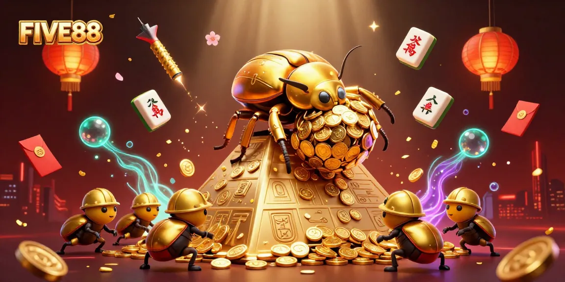 Experience the excitement of FIVE88 casino with golden beetles and vibrant game elements