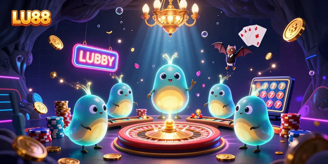 LU88 casino illustration featuring glowworms, a bat dealer, golden coins, and vibrant casino elements.