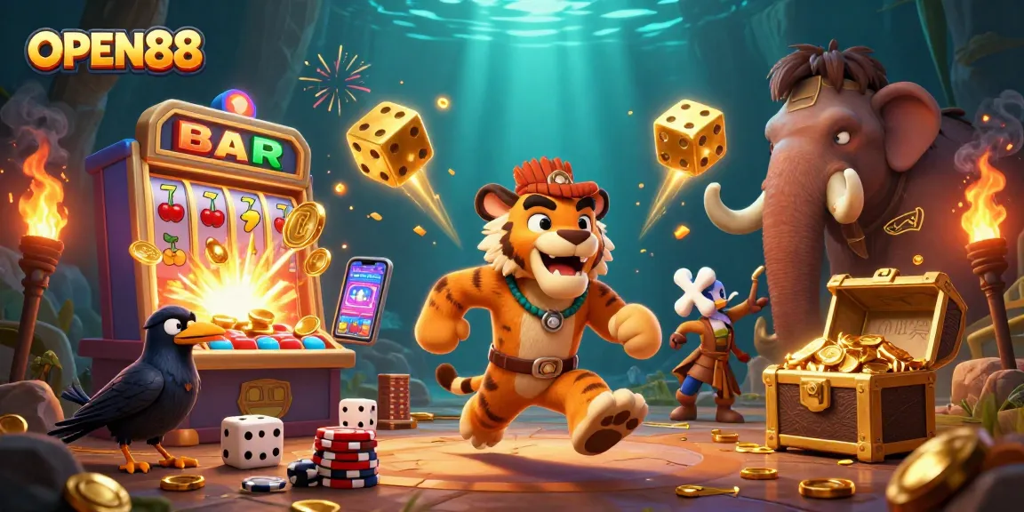 Experience exciting wins at OPEN88 with this engaging 3D carnival scene bursting with casino elements.