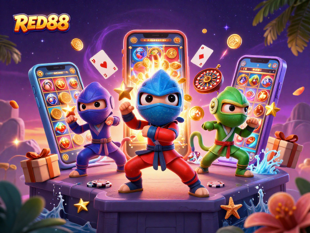 Experience thrilling gaming with RED88, featuring vibrant chameleon ninjas and casino elements.