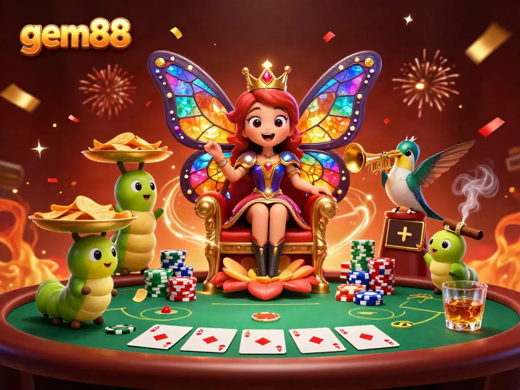 Engage with the vibrant world of gem88, showcasing the butterfly queen on a flower throne amidst casino elements.
