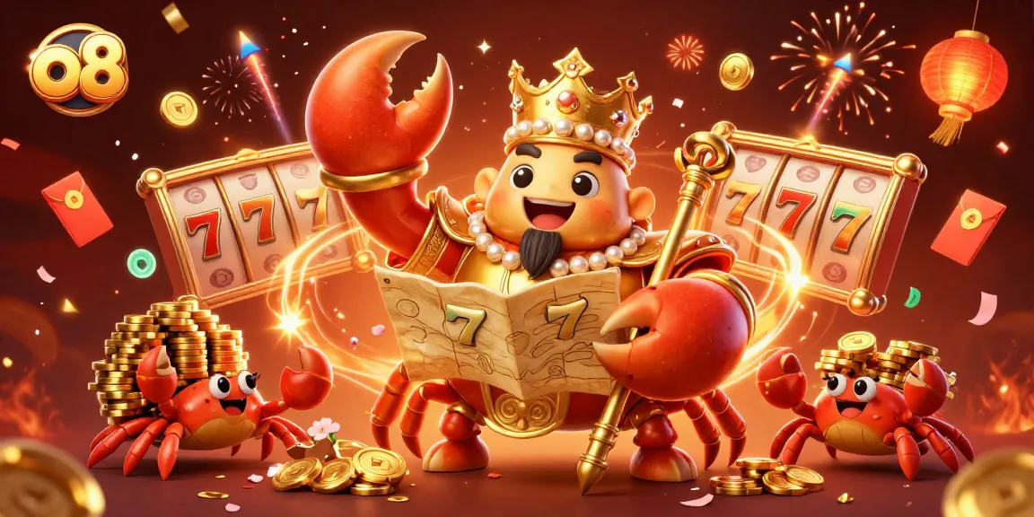 Experience the excitement at o8 with a golden crab emperor, slot reels, and vibrant celebrations.