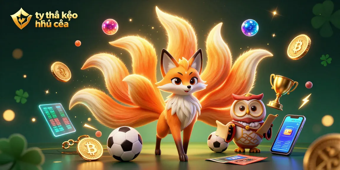 Tỷ lệ kèo nhà cái showcased in colorful sports betting scene with animated fox spirit and owl