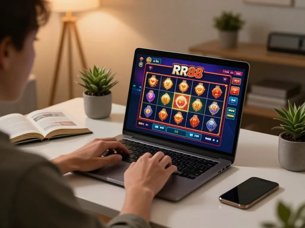 Player enjoying slots on Trang game RR88 in a cozy home setup with modern decor.