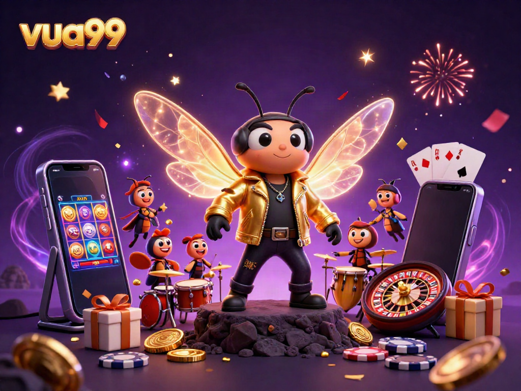 Win big at vua99 with vibrant 3D characters surrounded by slot games and casino elements.