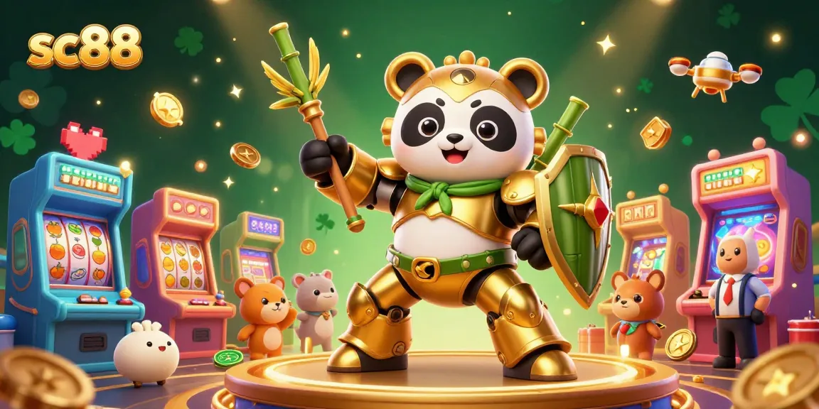 Experience thrilling games and joy at sc88 casino, showcasing a dynamic mech-suit panda amidst vibrant slot symbols.