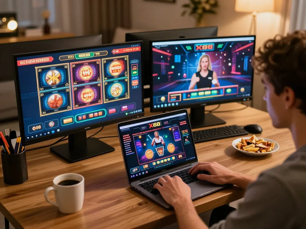 Person engaging with the X88 online casino at home, showcasing gaming interface and strategic gameplay.