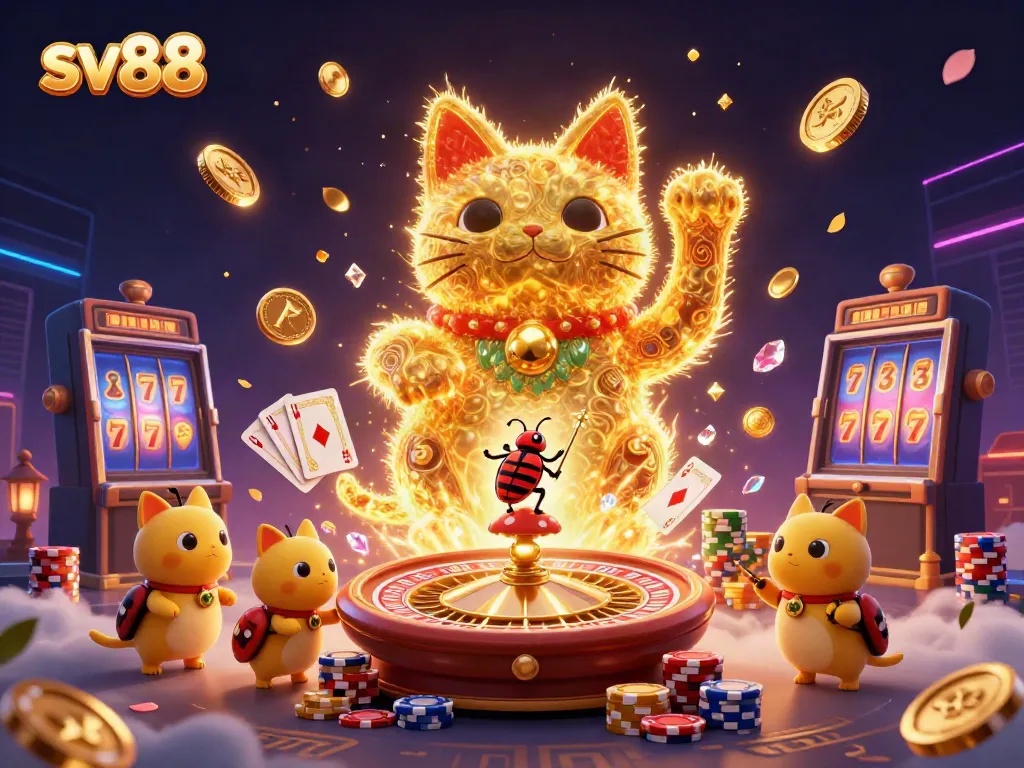 Engage with sv88's vibrant online gaming experience featuring a lucky cat and dynamic casino symbols.