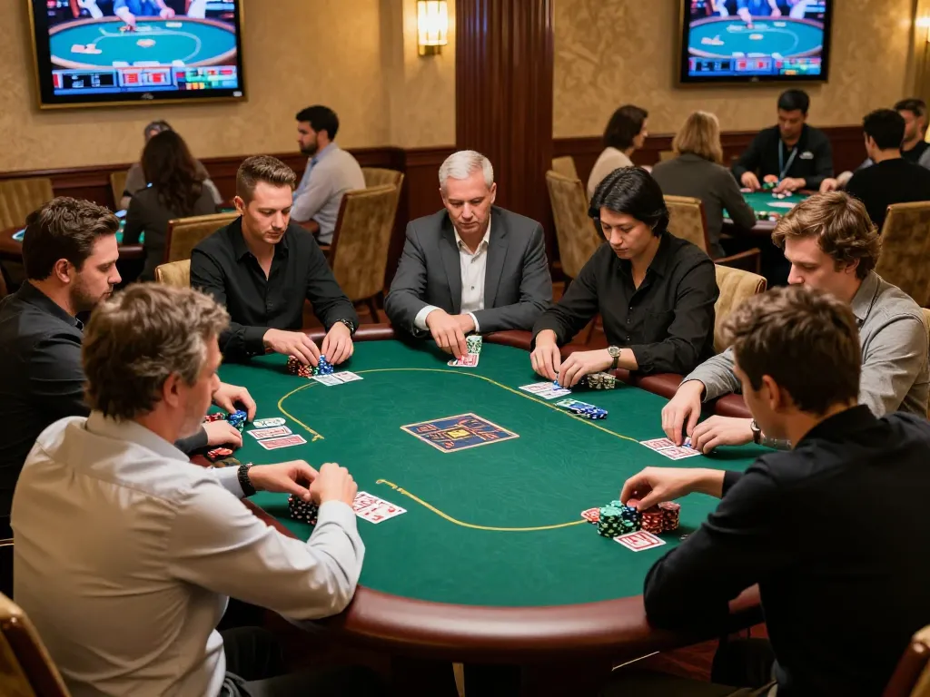 Players enjoying a competitive game of poker at LC88, showcasing colorful chips and cards